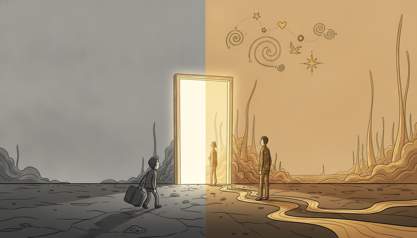 A traveler with a suitcase crossing a glowing doorway, transformed on the far side.