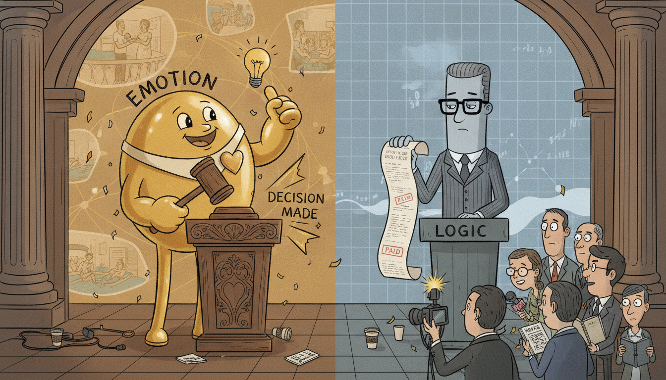 An Emotion character banging a gavel to decide while a Logic character explains it to reporters.