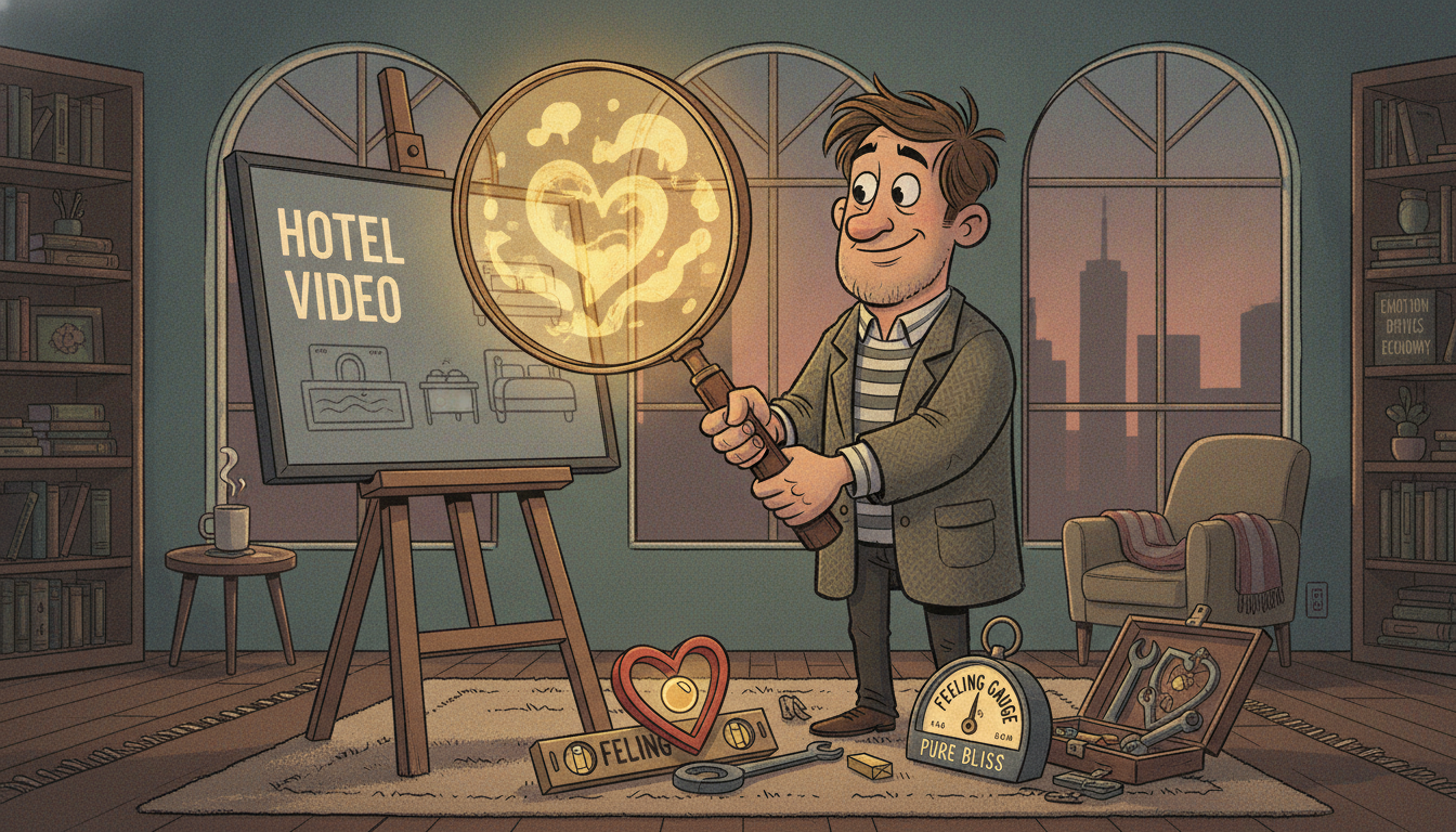 A brand strategist holding a magnifying glass over a flat hotel video, revealing the hidden feeling underneath.