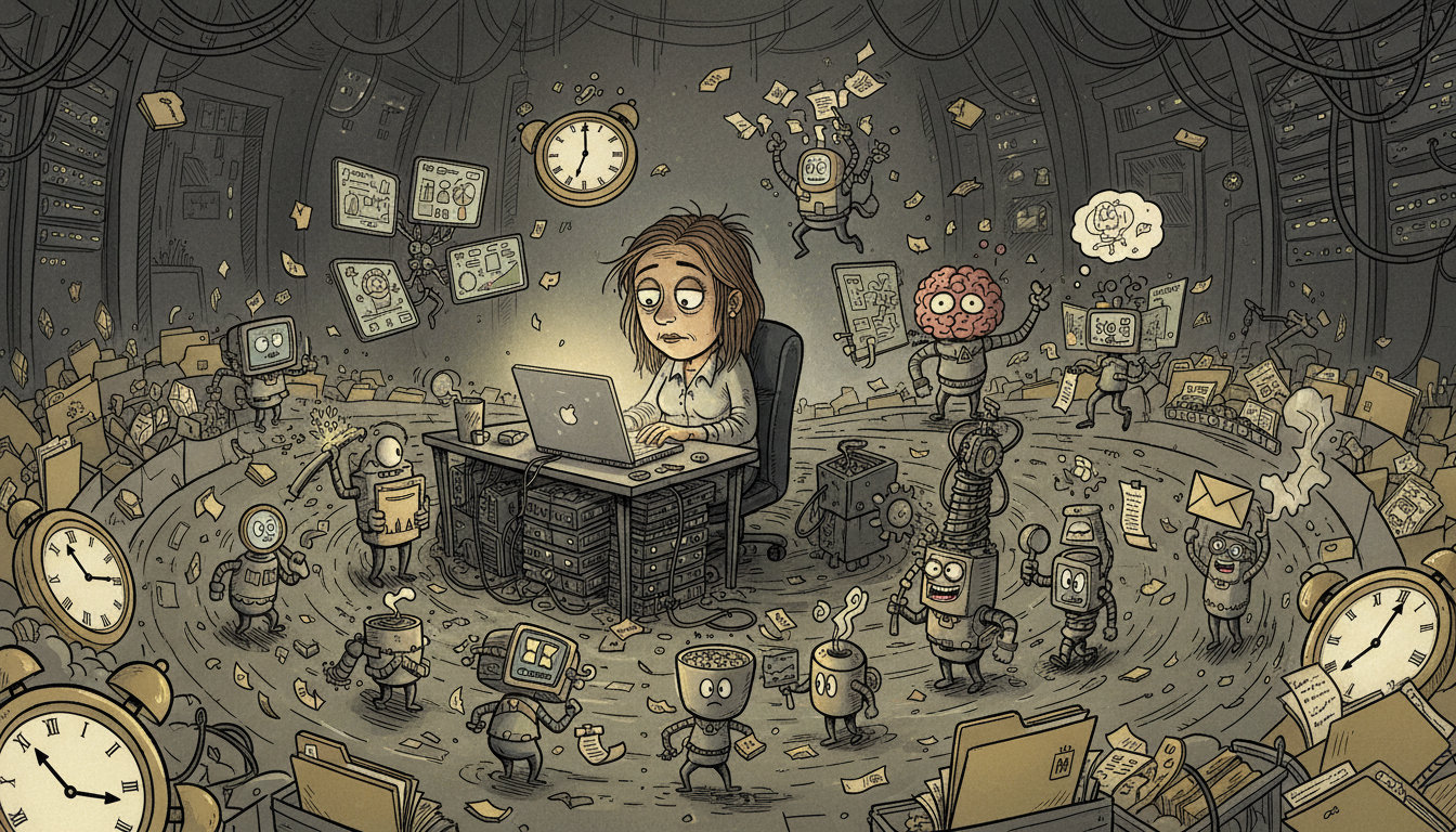 A founder surrounded by tiny specialized agents and scattered state files, with a subtle family-like formation emerging from the chaos.