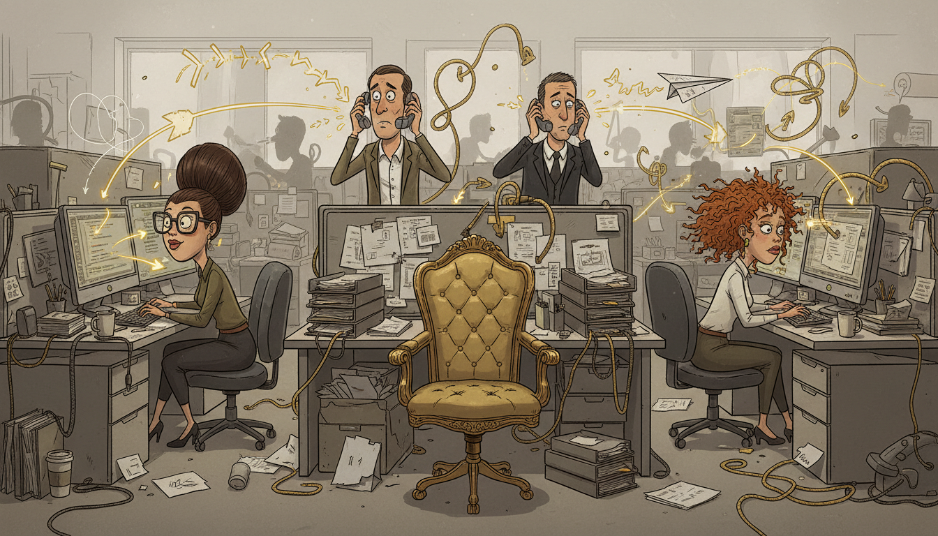 A room of highly capable specialist worker-agents at separate desks with broken handoff lines and no central manager in the middle.