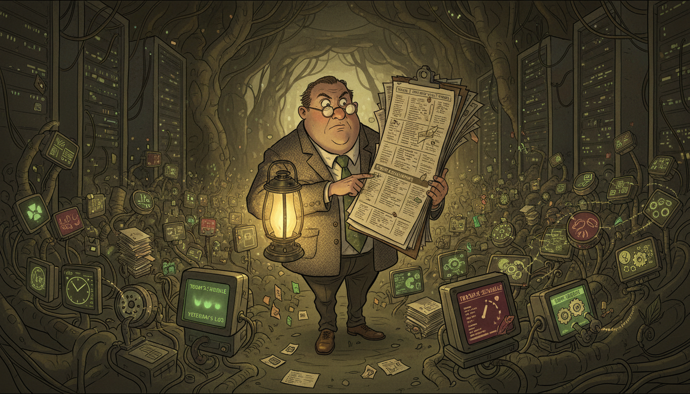 A father-like governance figure at dawn inspecting glowing agent status indicators and repair notes across a living dashboard.
