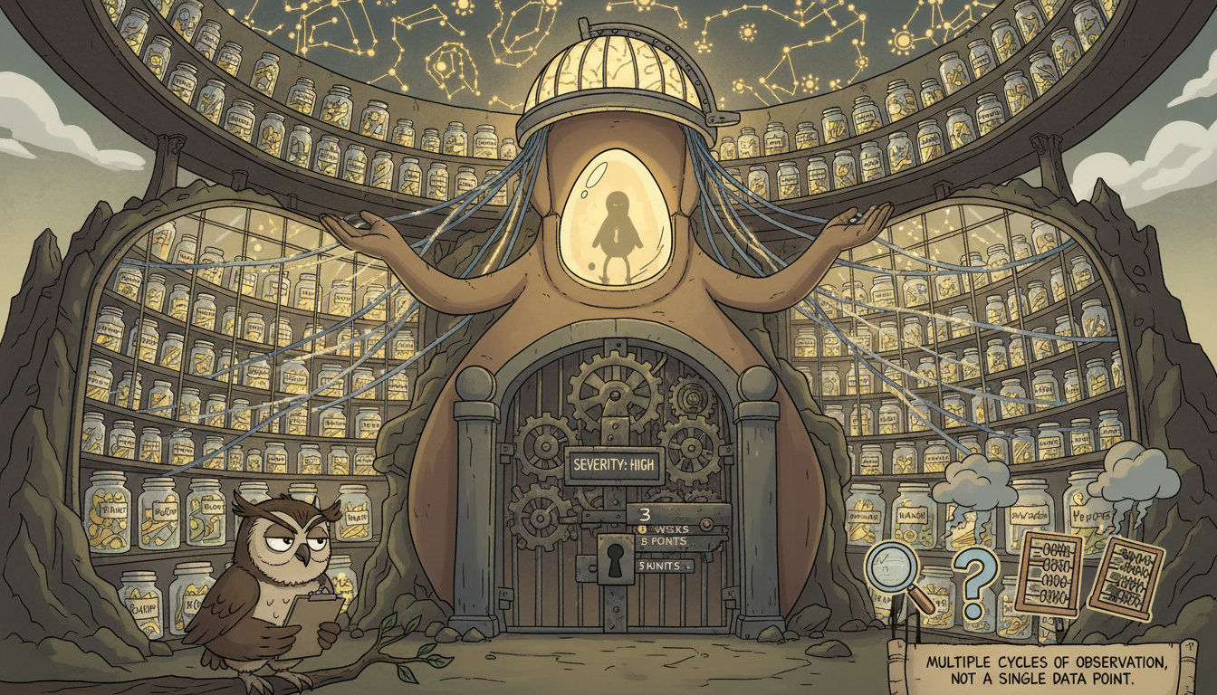 A mother-like observatory scene with evidence jars, pattern maps, and a guarded gestation chamber waiting for system stability.