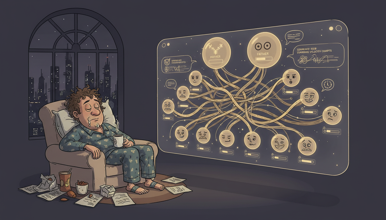 A sleeping founder while a luminous family-tree dashboard of parent and child agents glows above, showing the system working overnight.