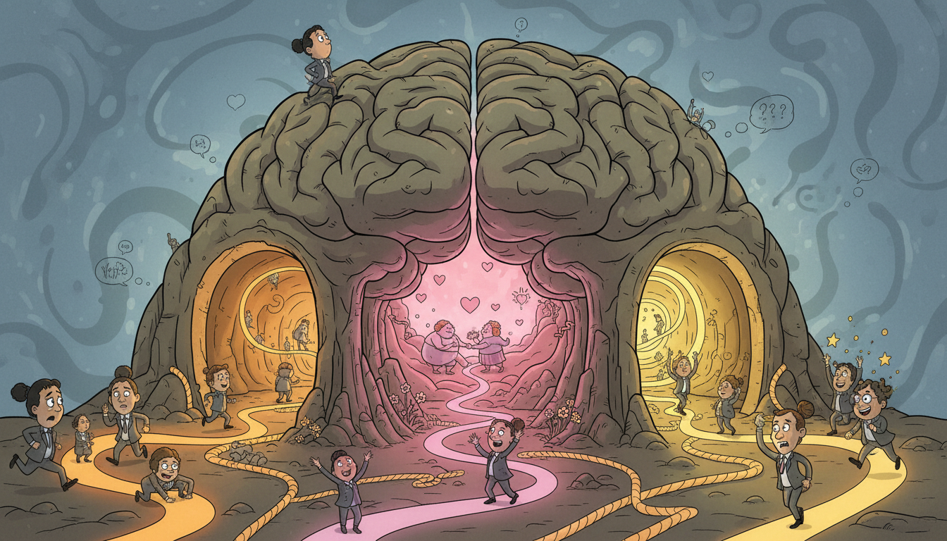 A whimsical brain with three lit zones — amber cortisol for tension, rose oxytocin for empathy, golden dopamine for reward — connected by narrative pathways.
