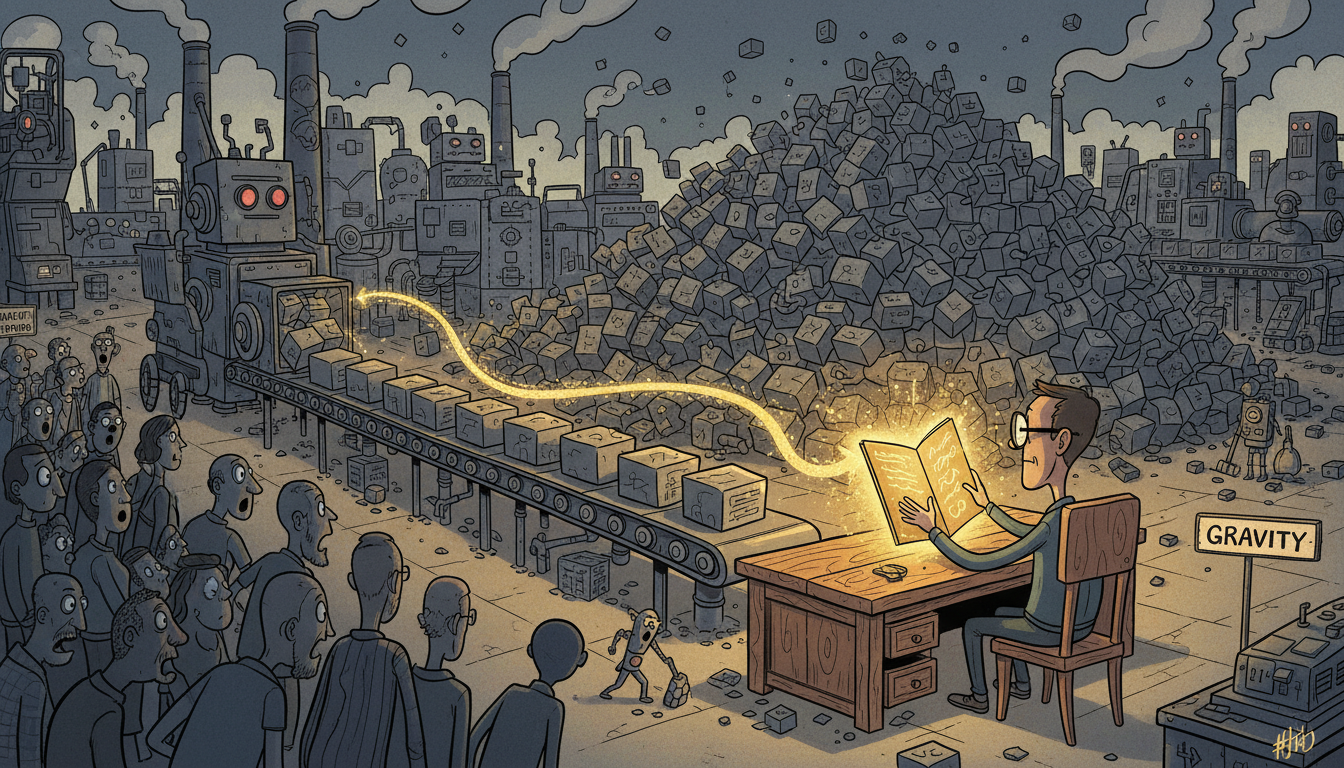 An AI factory producing identical gray content blocks while a human storyteller's single glowing manuscript attracts all the audience.