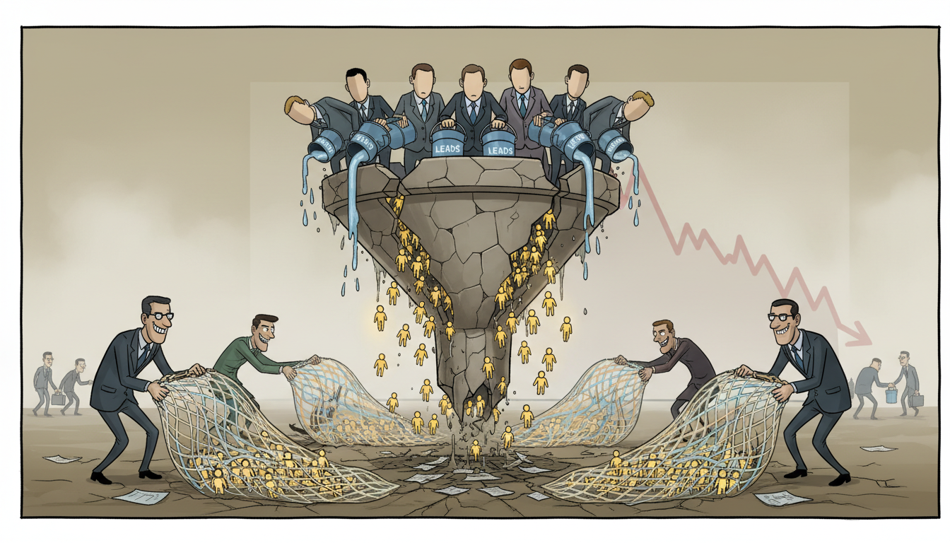 A cracked sales funnel leaking golden leads while competitors catch them with narrative nets.