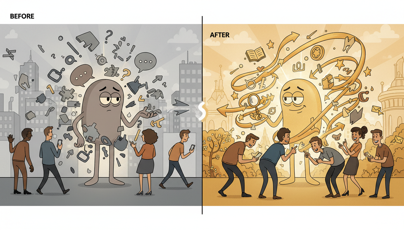 A before-and-after transformation: scattered gray messaging becoming a cohesive golden narrative that magnetizes customers.