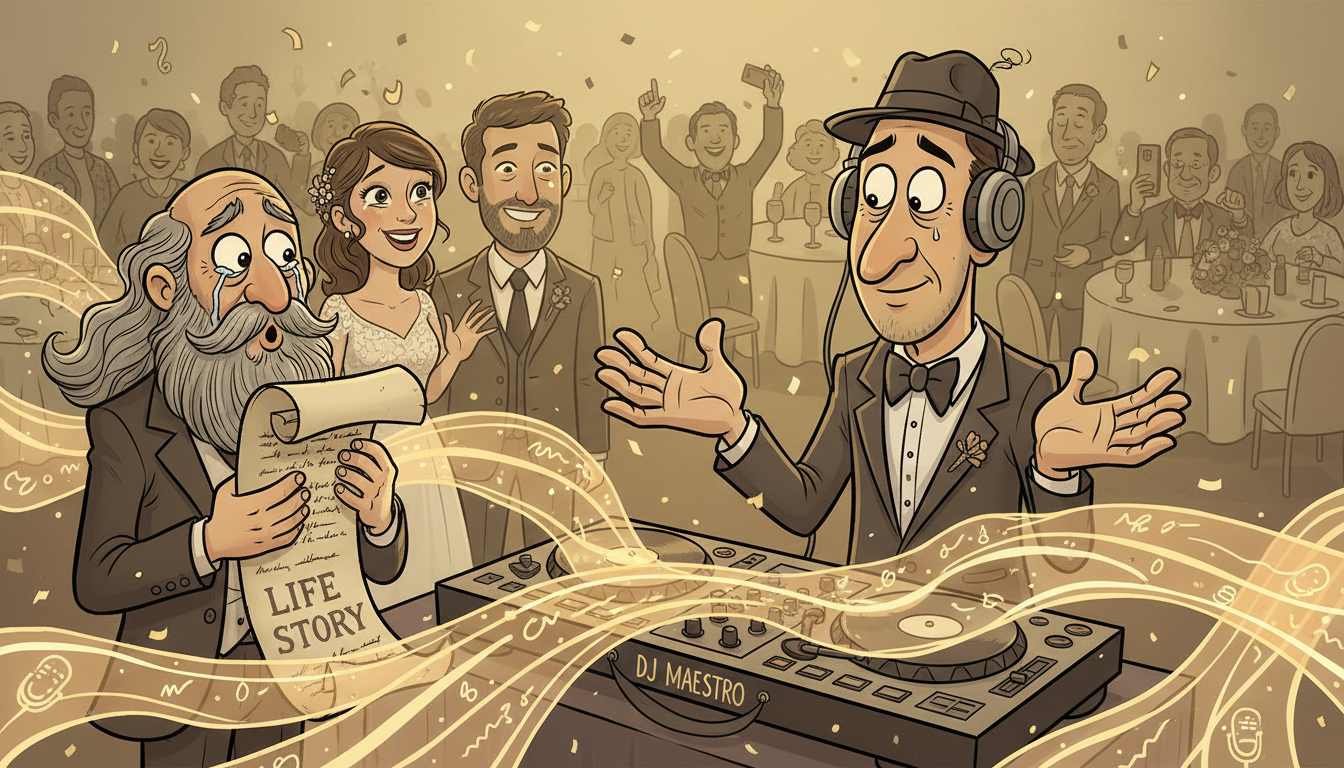 A DJ at a wedding radiating narrative waves instead of music, with a father holding a script nearby in an emotionally charged scene.