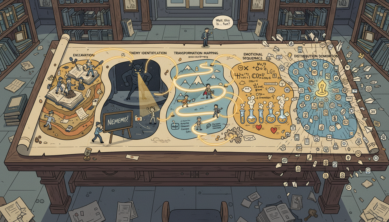 A five-phase architectural blueprint on a grand table with characters excavating, identifying, mapping, sequencing, and distributing.