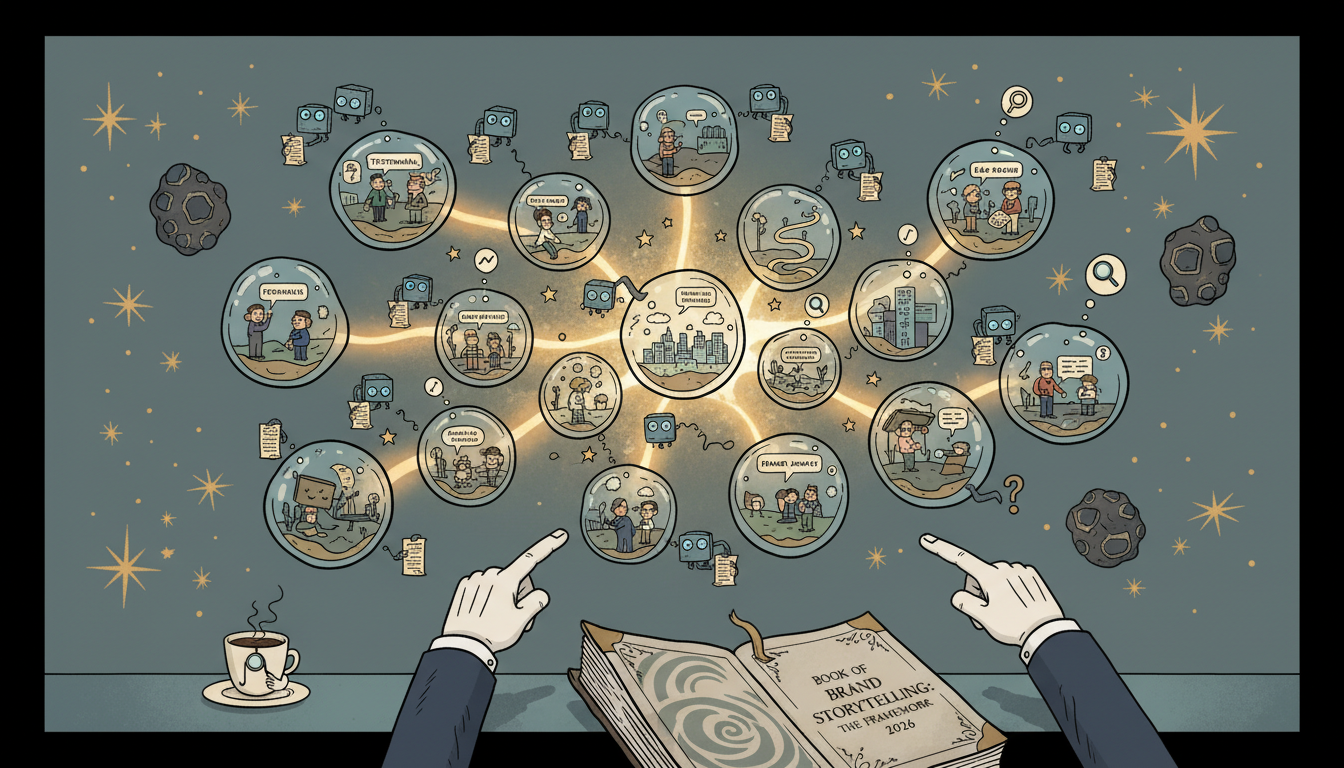 Nested self-similar content holons forming a luminous interconnected constellation, with AI bots extracting and citing passages.