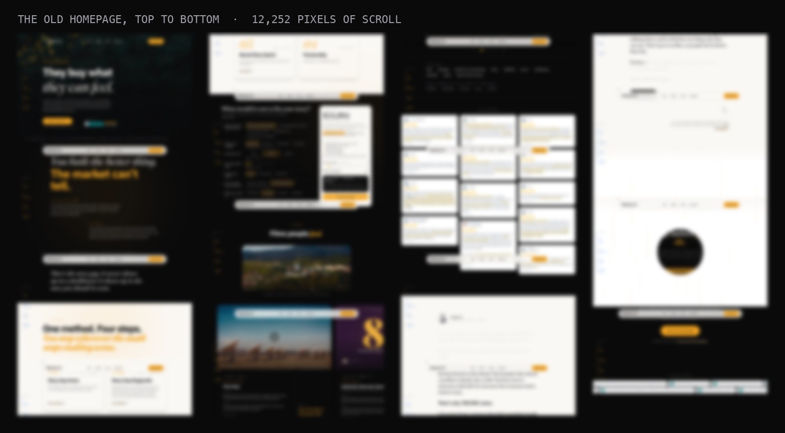 The TRUERY homepage zoomed out top to bottom, blurred: dark hero, stacked sections, a pricing calculator, three separate testimonial walls.