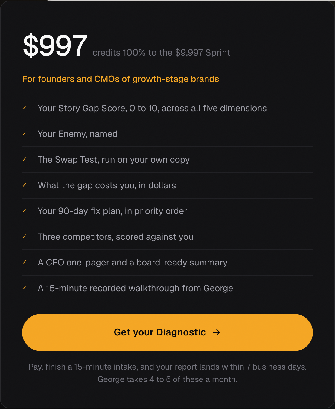 The live Story Gap Diagnostic pricing card: one price, $997, with every deliverable listed below it